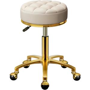 Rolling Stool Gold Vanity Stool with Wheels, Pedicure Massage Roller Stools, PU Leather Round Swivel Salon Spa Chair, Titanium Gold Base, Height Adjustable 43-55 cm (Off White)
