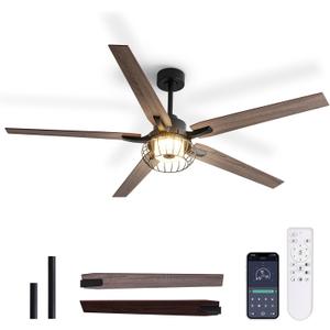 Ceiling Fans with Lights, 64" Industrial Ceiling Fan with Remote/App Control, Dimmable, 6 Wind Speeds, Dual Finish Blades, Reversible Vintage Ceiling Fan for Living Room, Balcony, Farmhouse