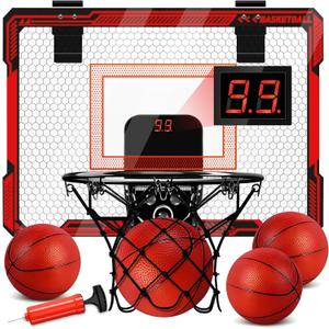 Indoor Basketball Hoop for Kids, Over The Door Mini Hoop with LED Light & Scoreboard - Easy Install & Safe for Doors, Birthday for 5 6 7 8 9 10+ Year Old Boys (Red)