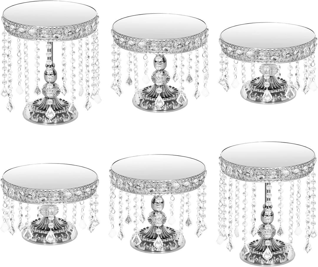 6 Piece Silver Cake Stand Set with Crystal, Mirror Silver Dessert Table Stands Set for Cupcake, Pastry, Round Cake Stands for Wedding Reception, Party(Mirror Silvery)