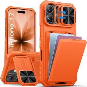 SSLOTSCASE for iPhone 17 Case with Hidden Card Holder & Camera Stand & Adjustable Kickstand & Slide Camera Lens Cover & Wallet, Military-Grade Heavy Duty Phone Case Cover for iPhone 17 6.3'', Orange