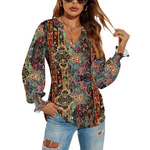 Romanstii Women V Neck Shirts Puff Sleeve Blouse Top Loose Clothes,Ethnic Print,XL (Red, XL)