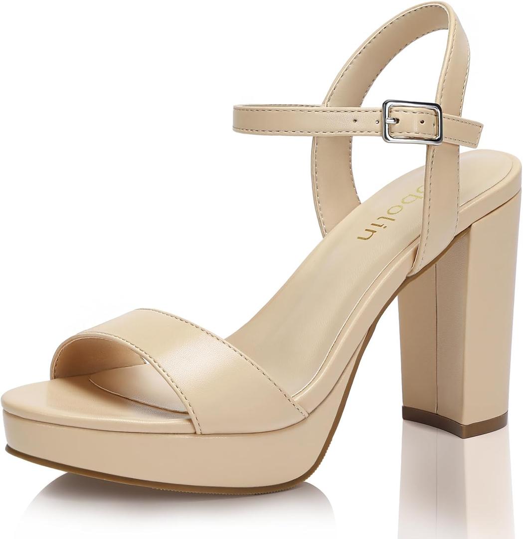 Wide Width Heels for Women Block Chunky Platform High Heels Sandals Open Toe Wedding Party Ankle Strap Dress Shoes (8.5 Wide, Nude)