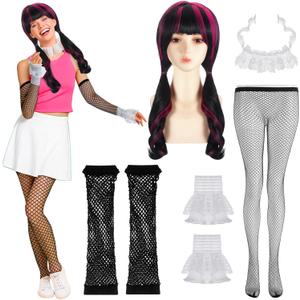 JenPen 7 Pcs Halloween Women Costume Set Include Pink and Black Wig, Lace Collar, Lace Wrist Cuffs, Fishnet Gloves, Fishnet Stockings for Adult Halloween Dress up Party Cosplay