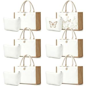 12 Pcs Sublimation Blank Canvas Tote Bag and White Small Makeup Bags Set for Women Reusable Polyester Burlap Personalized Tote Bag Blank Pouch for DIY Crafting Shopping Custom Gifts