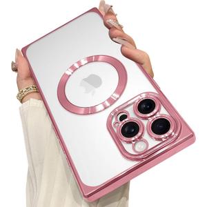 OOK Magnetic Case Made for iPhone 16 Pro Max (Compatible with MagSafe) Clear Phone Cover with Screen Protector Soft TPU Anti-Scratch Shockproof Protective Case for Women Men - Pink