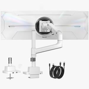 monTEK Heavy-Duty Single Monitor Arm for 17-57 inch, up to 59.4lbs Ultrawide Screens,Gas Spring Dual Curved Adjustable Monitor Stand for Desk,75/100mm VESA Mount with USBWhite