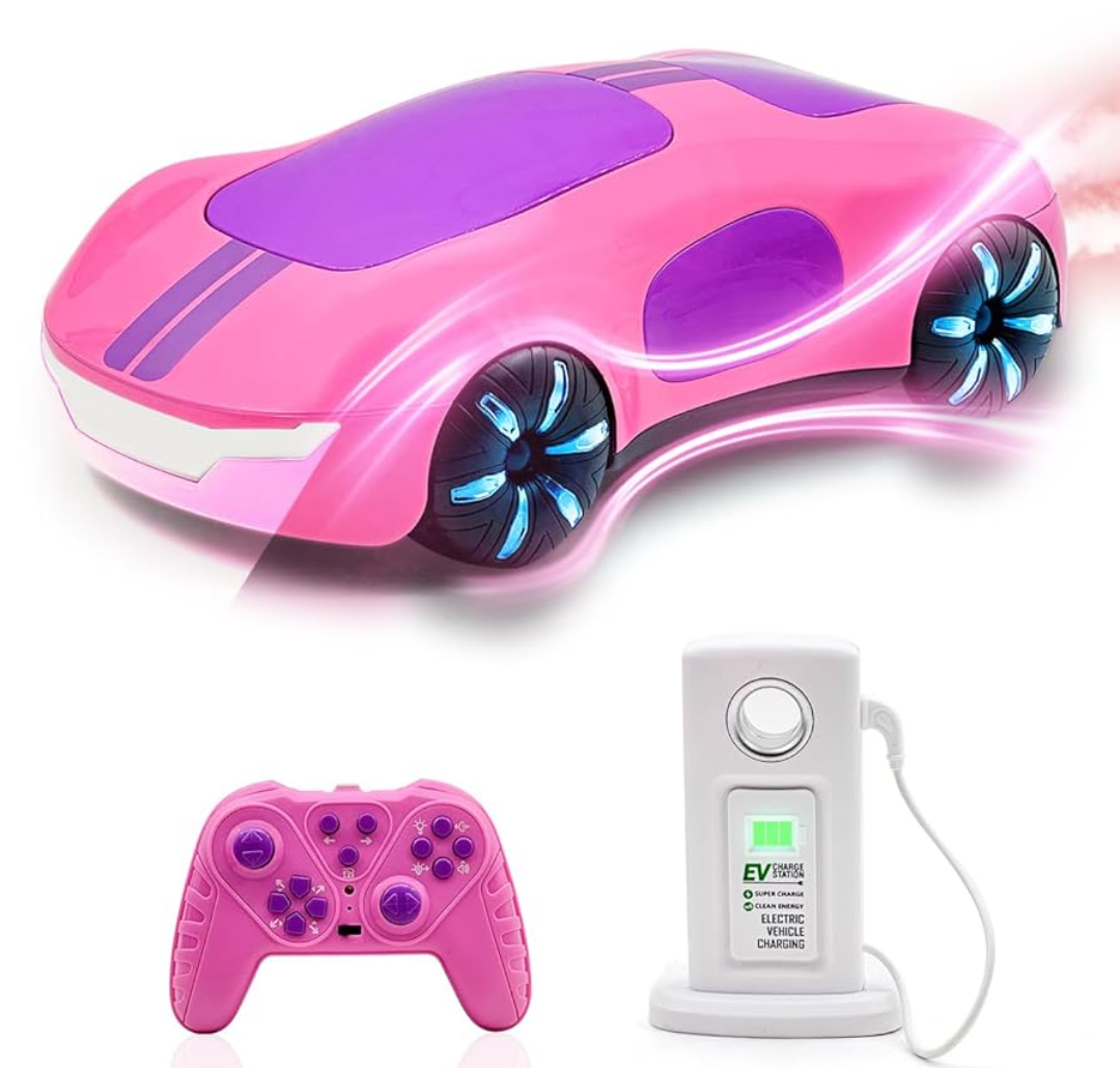 Punieayi Remote Control Car with Charging Station, 2.4GHz Rechargeable RC Cars with Lights Dual Spray & Sound, Electric Drift Race RC Stunt Car for Kids 6 7 8-12 Year Old Boy Girls, Pink
