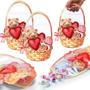 Spakon 50 Pcs Valentine's Day Plastic Goodie Bags with Handles 10.1 x 7.3 Inch Heart Bear Clear Sealing Pouches for Candy Snacks Trick or Treat Gift Bags for Holiday Birthday Party Favor Decoration