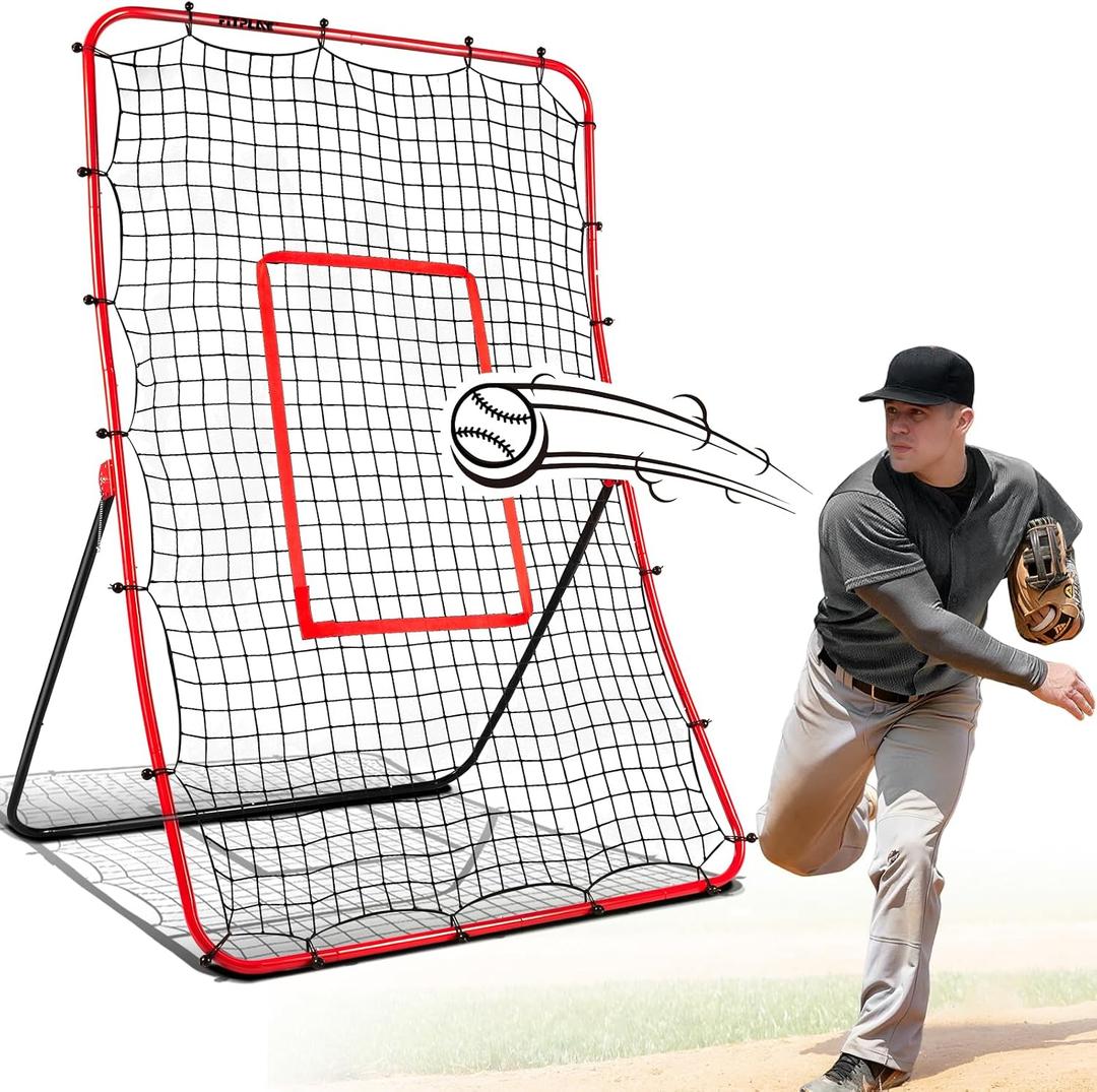 Durable Baseball Rebounder Net, 6x4 FT Pitchback Nets 5 Angles Simulate Grounder,Pop Fly,Line Drive,Softball Rebounders for Pitching,Fielding,Catching Solo Practice,Rebound Net with Strike Zone