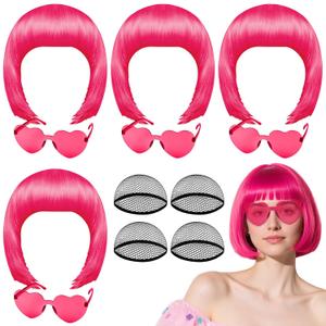 PLULON 4Pcs Hot Pink Bob Wigs with Heart Plastic Sunglasses Hair Cap for Women, Neon Short Bob Wig Colored Funny Cosplay Hair for Women Men Daily Bachelorette Halloween Costume Party Decorations