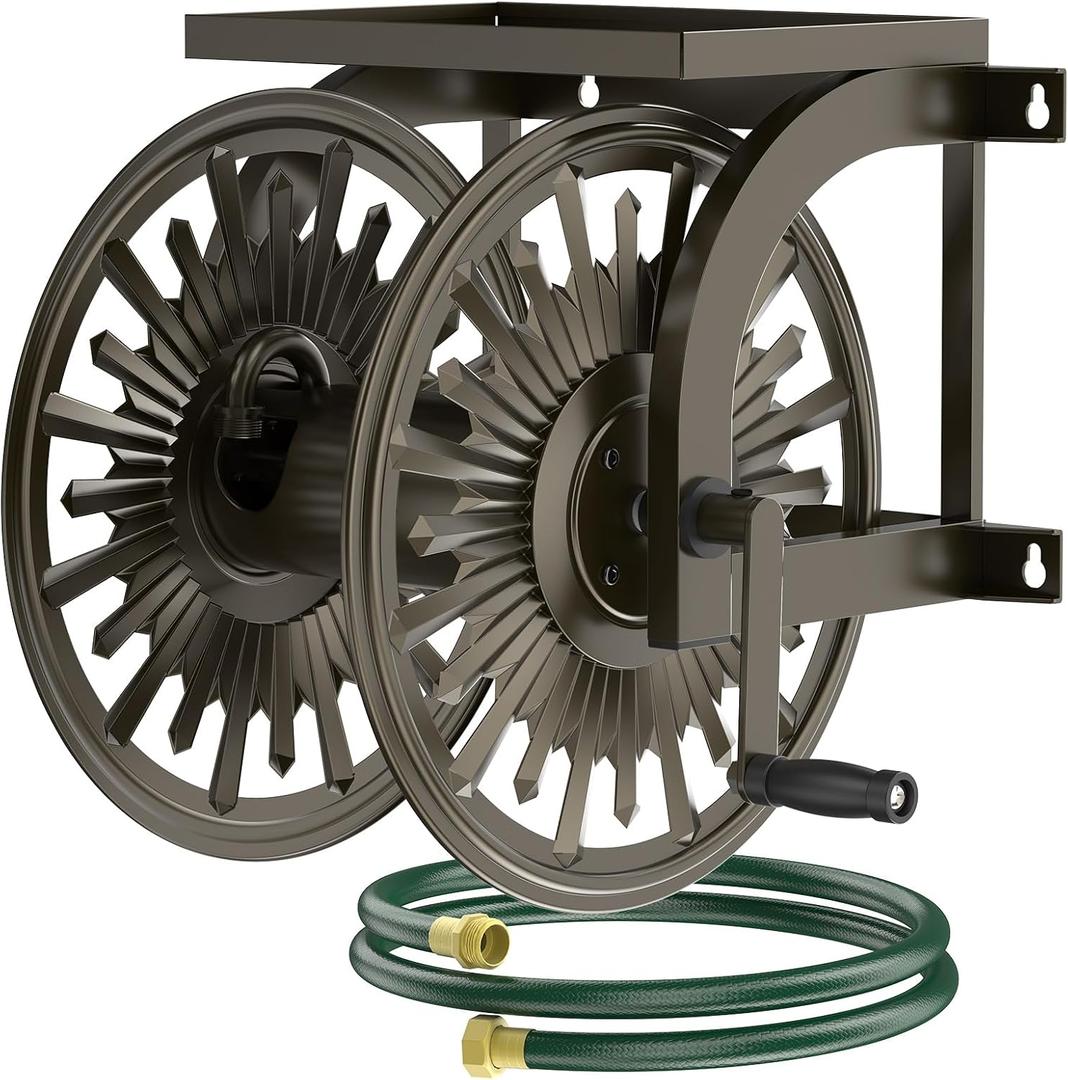 GOFORWILD Metal Decorative Wall Mount Hose Reel - Heavy Duty, Leak-Proof Connection, Holds 200ft x 5/8 Hose, Bronze Finish, Easy Assembly