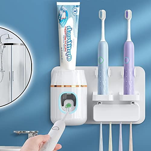 TuCao Toothpaste Dispenser Wall Mounted, Automatic Toothpaste Dispenser for Kids, Toothbrush Dispenser for Bathroom with 4 Toothbrush Slots