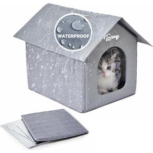 Toozey Insulated Outdoor Cat House with 4 Bonus Insulation Sheets  WeatherResistant, Easy Assembly, Durable Feral Cat Shelter with Removable Soft Mat for Winter Protection, Grey