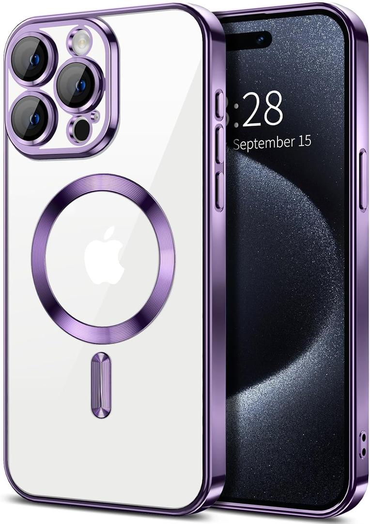 Hython Magnetic Clear for iPhone 15 Pro Case with Camera Lens Protector [Compatible with MagSafe] Luxury Plating Edge Slim Soft TPU Cover Protective Phone Case for iPhone 15 Pro 6.1", Deep Purple