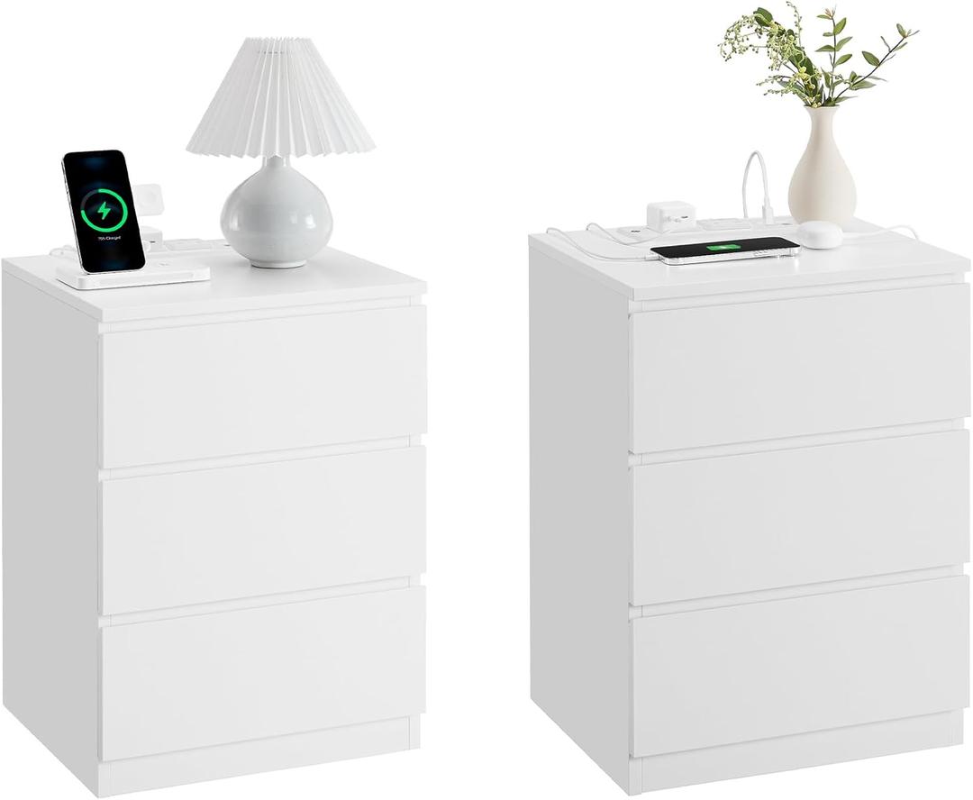 VASAGLE Nightstands with Charging Station, Set of 2, AC Outlets and USB Ports, Bedside Tables, Side Tables with 3 Drawers, Modern Style, 13.8 x 15.7 x 23.2 Inches, Cloud White ULET731W16