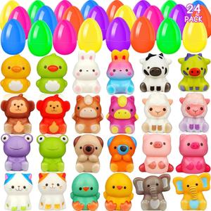 24 Pack Filled Easter Eggs for Kids Prefilled Egg Fillers Squishy Toys Stuffed Easter Eggs Easters Gifts Basket Stuffers for Kids Girls Toddlers Boys Non Candy Easters Egg Hunt Party Favors Animals