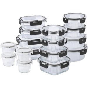 COOK WITH COLOR Premium 32-Pc. Borosilicate Glass Food Container Set with Dividers - 4 Rectangles, 8 Rounds, 4 Squares - Leakproof Lids - Meal Prep, Storage, Fluted Ombre Black