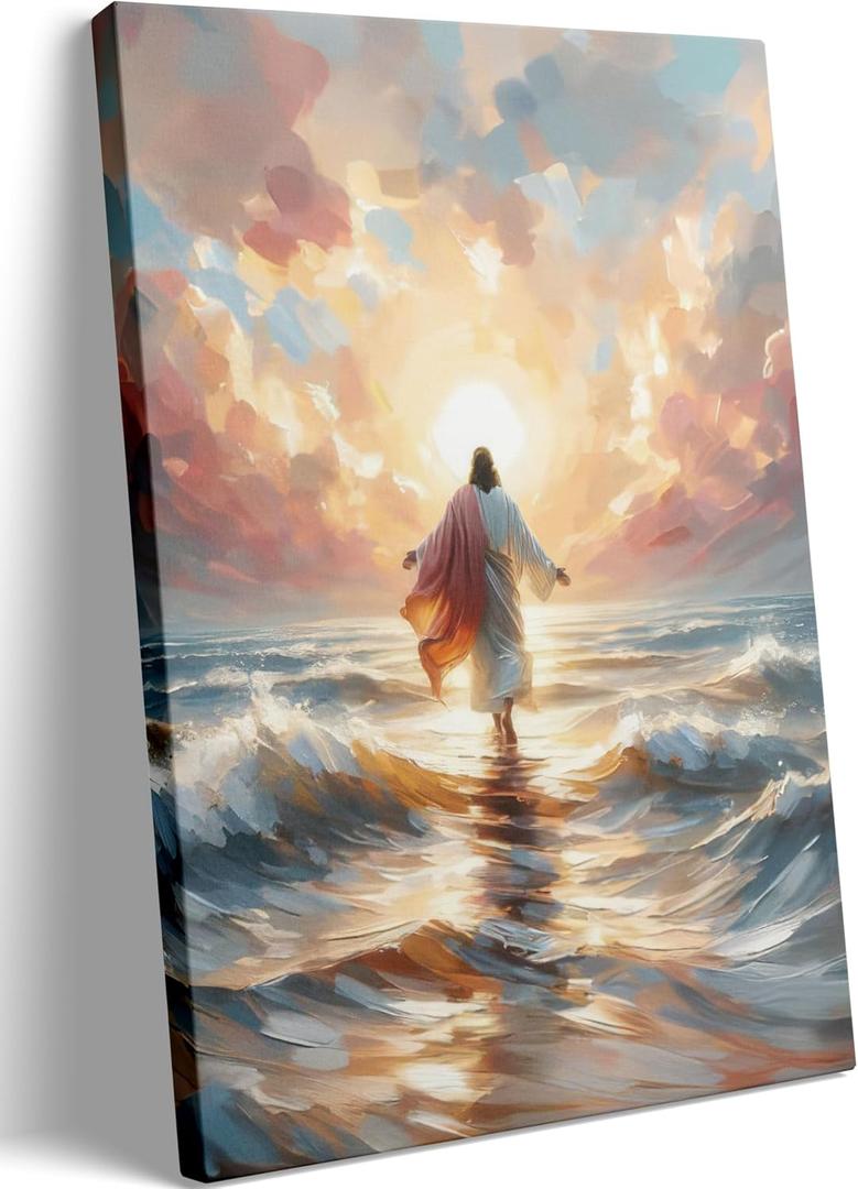 Jesus Walking on Water Canvas Wall Art Christian God Wall Decor Sacred God Walking on Ocean Beach Painting Pictures Religious Posters Prints for Living Room Bedroom Church Home Decorations Framed