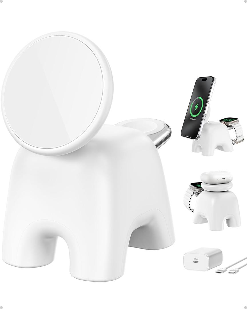 Foldable Wireless Charging Station, 15W Magnetic Fast Charger Stand for iPhone 17 16 15 14 13 12 Pro Max&Apple Watch&Airpods, 2-in-1 Charger for Home/Office/Travel(30W Adapter Included) (White)