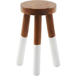 Teak 11.8" Round Dip Dyed Teak Stool | Wood Accent Side Table | Wood Plant Stand (24" Tall White)
