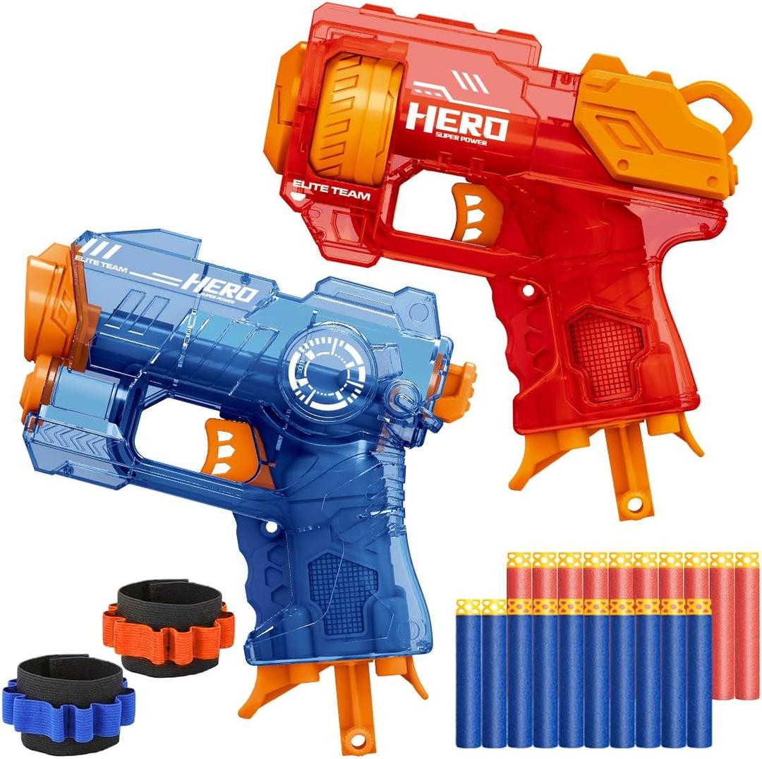 Banvih 2 Pack Mini Blaster Guns for Nerf, Easter Basket Stuffers for Kids, Small Toys Pistols for Boys Toddlers Ages 3-5 5-7 8-12 Year Olds Birthday Gifts - 20 Refill Foam Darts and 2 Wristbands