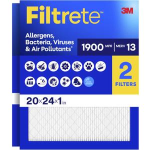 2 x Filtrete 20x24x1 Air Filter, MERV 13 MPR 1900, Allergens, Bacteria, Viruses & Air Pollutants, 3-Month AC/Furnace Filters, Cleaner Air Reliable Airflow, 2 HVAC Filters(Act Size 19.81x23.81x0.78 in)