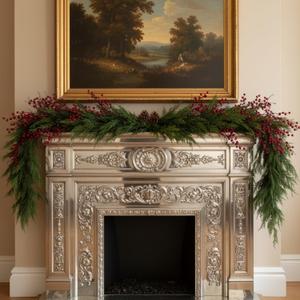 Giegxin 6 Ft Christmas Norfolk Pine Garland Real Touch Cedar Pine Cypress Garland with Red Berries Cones Artificial Greenery Decoration for Fireplace Mantle Table Winter Christmas Holiday Party