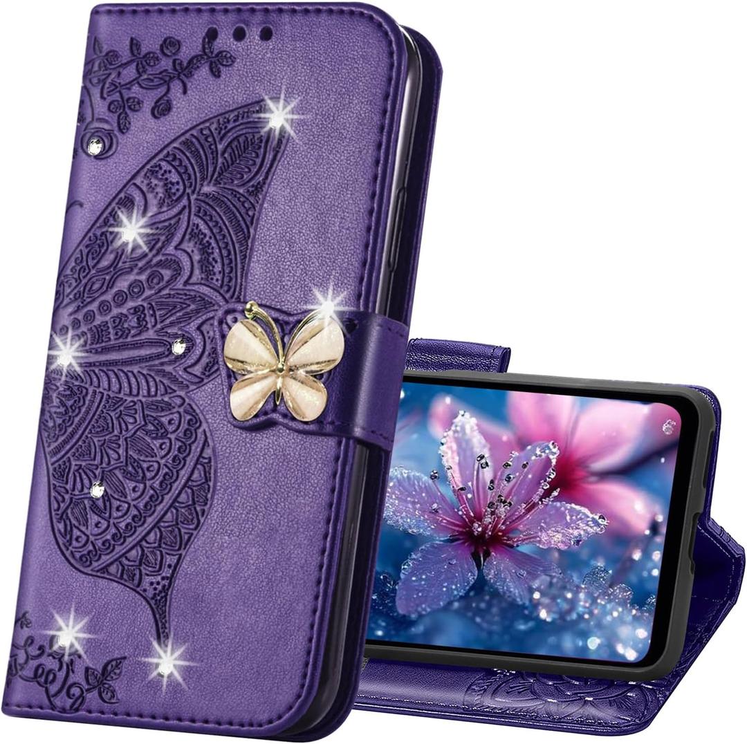 Wallet Case for Samsung Galaxy S25 FE, Women Butterfly Embossed PU Leather Flip Folio Cover Credit Card Holder Slots Stand Case for Galaxy S25 FE Diamond Butterfly Purple SD