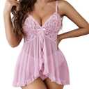 Avidlove Womens Sexy Lingerie Dress Lace Babydoll Lingerie V-Neck Open Front Strap Chemise Nightgowns(Pink,Small)