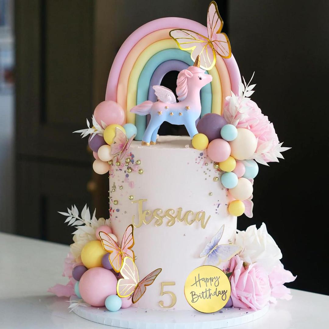 47 PCS Unicorn Cake Topper Unicorn Rainbow Cake Decorations with Rainbow Butterflies Unicorn Balls Happy Birthday Cake Decorations (Style 2)