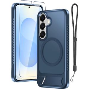 for Samsung Galaxy S25 Case with Screen Protector+Lanyard Wrist Strap,Magnetic Translucent Matte Rugged Slim Phone Cover Built in Invisible Kickstand [Fit for MagSafe],2025 Navy Blue
