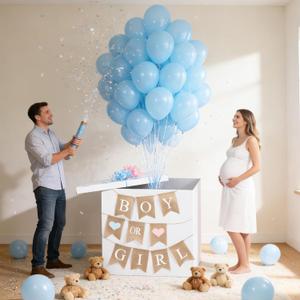 28in Jumbo Gender Reveal Box with 40 Blue Balloons Boy or Girl Banner Pull Bows Ribbons Gender Reveal Ideas Decoration for Welcome Baby Shower He or She Open to See Birthday Party Supplies (Boy)