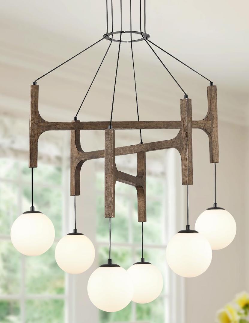 Large Black Farmhouse Wood Chandelier, 6-Lights Rustic Dining Room Light Fixtures Over Table Hanging, Industrial Milk Glass Globe Chandelier for Kitchen Island Living Entryway Stairwell