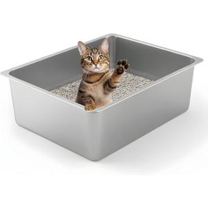 Kirecoo Stainless Steel Cat Litter Box - Metal High Sided Cat Pan, Large Stainless Steel Box, Indoor Litter Tray, Non Stick, No Smell, Easy to Clean, Pet Toilet Supplies for Kitten, Kitty, Rabbit,17.52" L x 13.58" W x 5.9" H