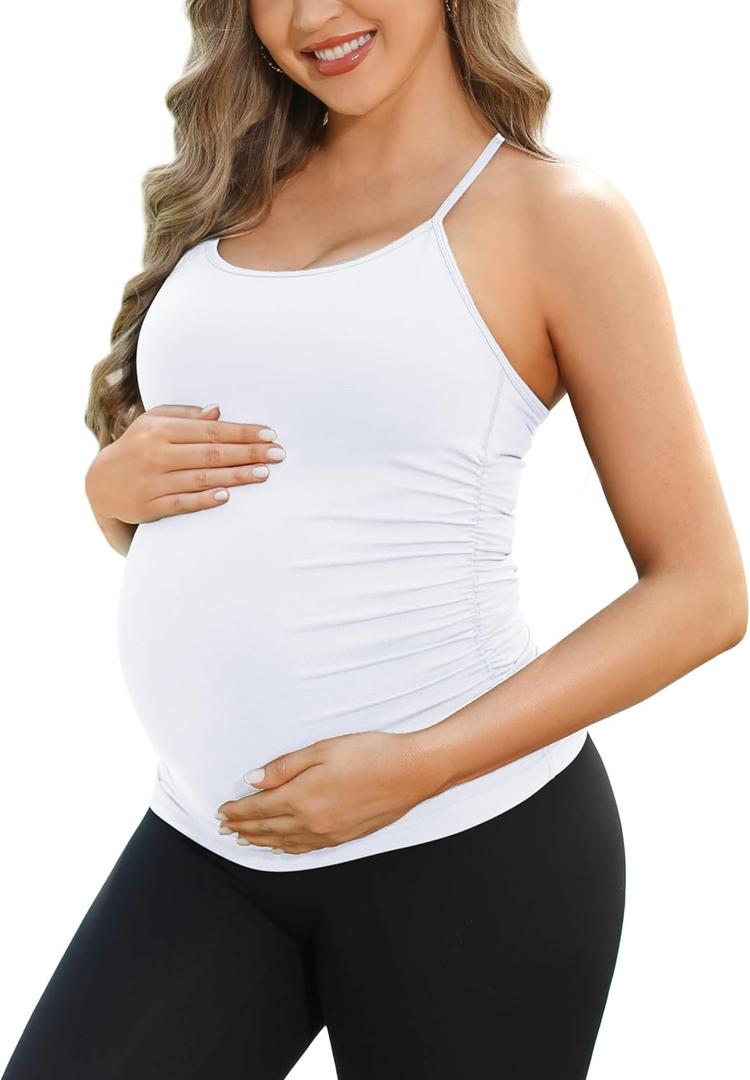 ATTRACO Women's Maternity Tank Tops with Built in Bra Seamless Y Back Side Ruched Pregnancy Tank Top (Medium, White)