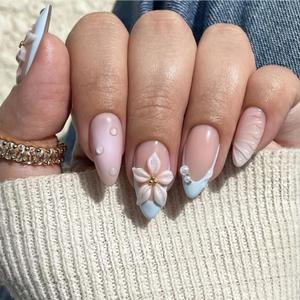 24pcs Blue French Tip Press on Nails Short Almond Fake Nails with 3D Flower Pearl Designs Summer False Nails Floral Acrylic Nails Kit Stick on Nails Full Cover Glue on Nails for Women Nail Decoration