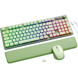 Wireless Keyboard and Mouse Combo - 9 Backlit Effects, Wrist Rest, Double-Shot Keycaps, Metal Panel, Long-Lasting Rechargeable, 2.4G Keyboard Mouse Set for Windows Mac PC Laptop Sablute (Green)