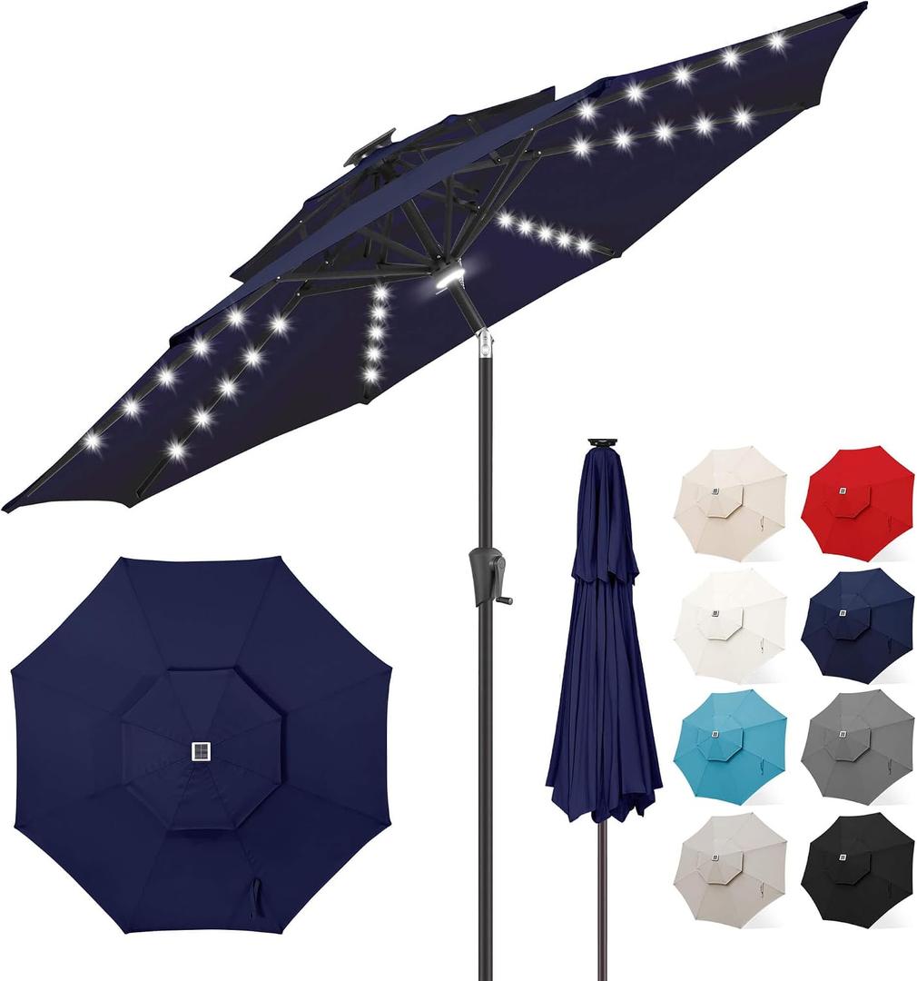 FLAME&SHADE 2 Tiers 9ft Solar Light Patio Umbrella, 40 LED lights outdoor umbrella with Centre Surround Light, Table Market Umbrella for Deck, Pool, Porch, Backyard, Garden (Navy Blue), 9 FT Double Top