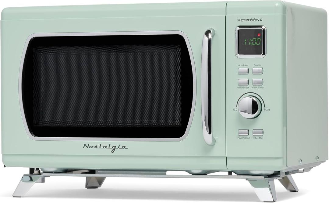 Nostalgia Mid-Century Retro Countertop Microwave Oven - Large 900-Watt - 0.9 cu ft - 8 Pre-Programmed Cooking Settings - Digital Clock - Kitchen Appliances - Seafoam Green (0.9 Cu. Ft., Seafoam Green)