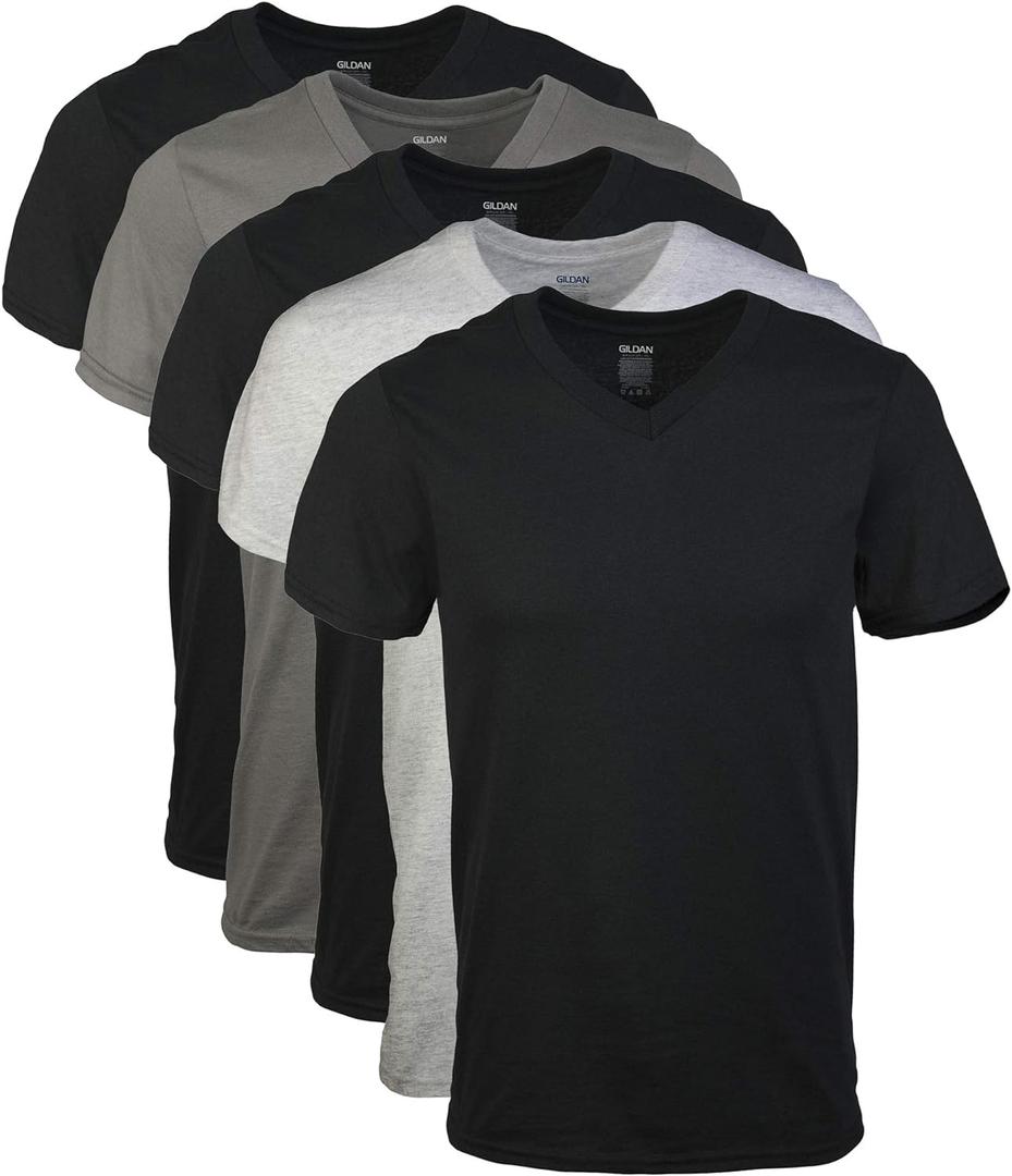 Gildan Men's V-Neck T-Shirts, Multipack, Style G1103 (Large, Black/Sport Grey/Charcoal (5-pack))