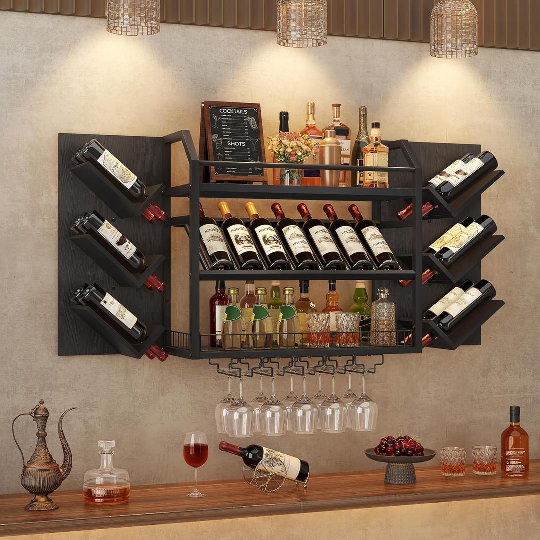 Hoctieon Wall Mounted Wine Rack, 3 Tier Hanging Wine Racks with Glass Holder, Large Capacity Bar Shelves, Metal Wood Bottle Display Storage for Kitchen, Home Bar, Dining Room, Black
