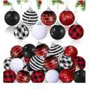 48Pcs 1.6in Christmas Balls Ornaments, Christmas Tree Hanging Ornaments, Glitter Rustic Red White Black Ball Fabric Shatterproof Ball with Hanging Rope