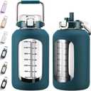MUKOKO 100oz Glass Water Bottle with Time Marker and Silicone Sleeve 3L Large Water Jug with Stainless Steel Handle Gallon Drinking Bottle with 2-in-1 Lid Wide Mouth BPA Free, Dark Blue