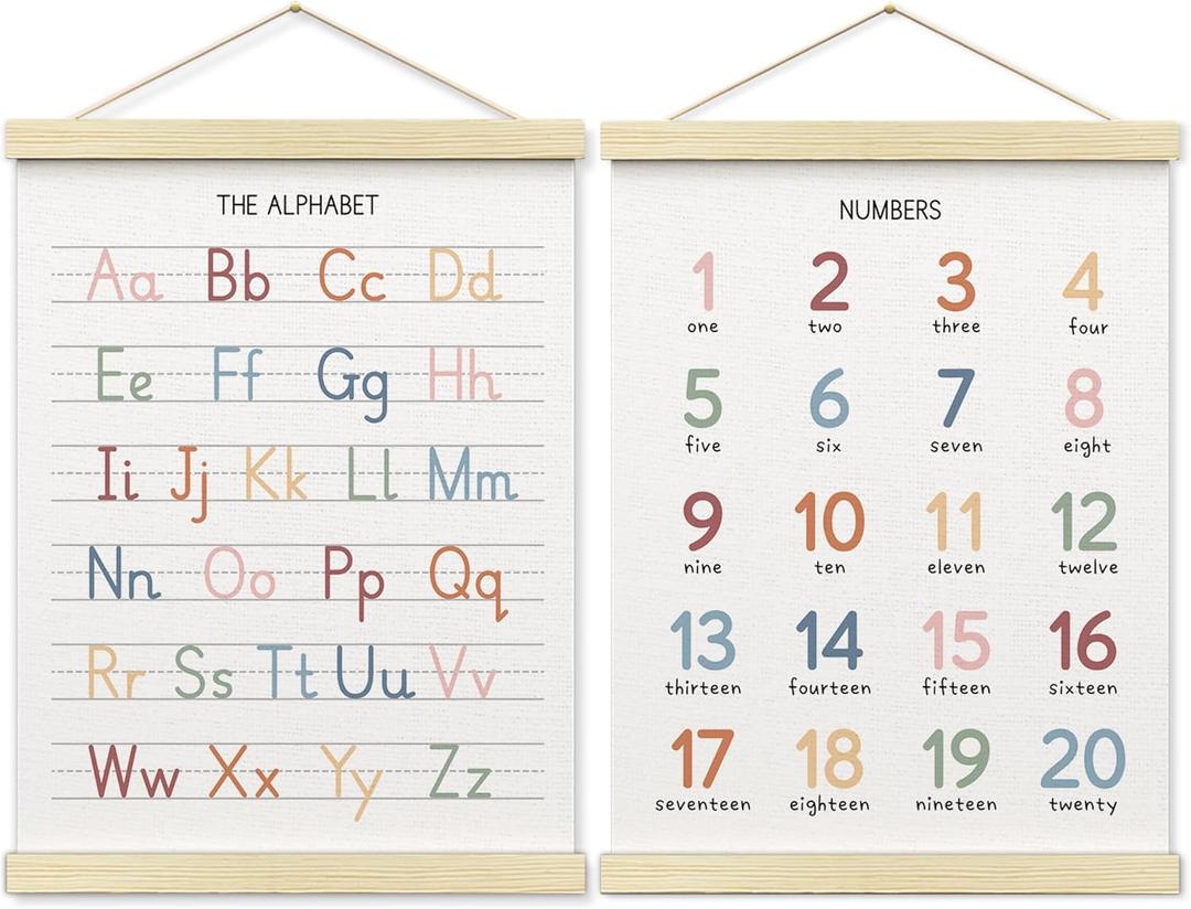 BONETAT Numbers alphabet poster for Nursery Toddlers, Play Room Wall Decor, ABC Wall Chart, Wall Hanging Decor for Toddler Playroom Decor Kids Wall Decor, Wooden Alphabet Banner-A02 (color2)