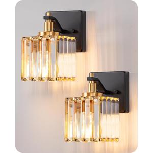 EDISHINE Wall Sconces Set of Two, Bathroom Light Fixtures with Crystal Shade, Modern Vanity Lights, Black Gold Lighting Fixtures Over Mirror, Indoor Wall Lamp, E26 Base