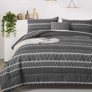 WONGS BEDDING Dark Grey Comforter Set California King, 3 Pieces Boho Triangle Bedding Comforter Set for Cal King Size Bed Oversized Microfiber Gray Bedding Set 104"x 96"