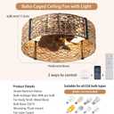 Ganeed 20" Boho Fandelier Ceiling Fan with Light, Rattan Caged Ceiling Fan with Light and Remote Control, Quiet Reversible Motor Enclosed Low Profile 6 Speeds for Bedroom Living Room Porch Kids Room