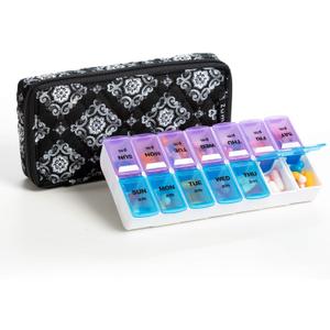 Weekly 7 Day Pill Organizer Case 2 Times a Day (AM/PM), Large Portable Pill Box 7 Day for Vitamin Medicine, Pill Case with Quilted Fabric Zipper Cute Bag for Travel or Daily