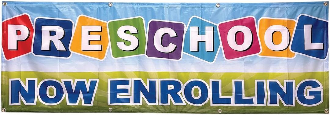 4 Less Co 2x6 Feet PRESCHOOL NOW ENROLLING Banner Child Care Sign Fabric Polyester With Grommets bgb